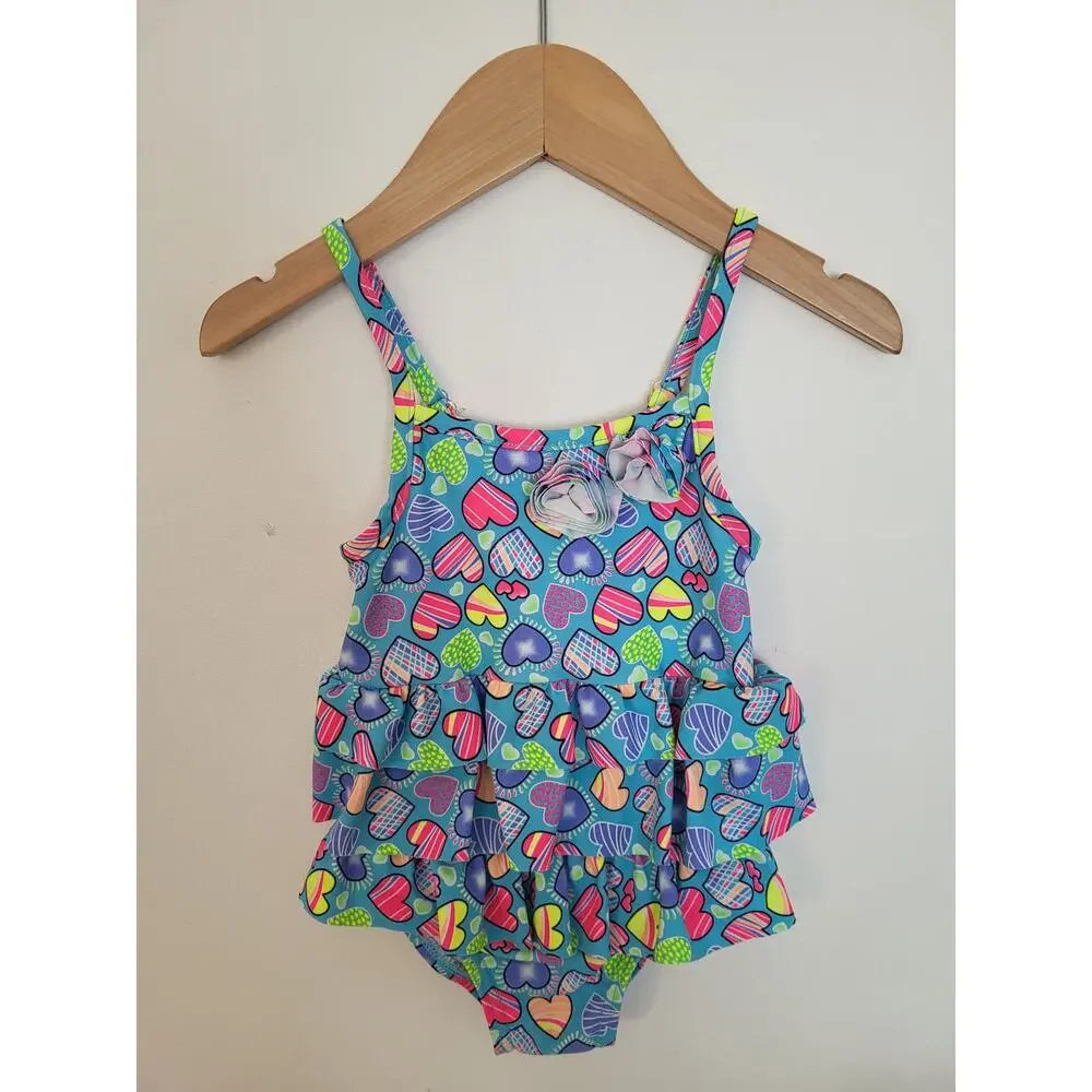 Grand Everest Baby Girl Ruffle One-Piece Swimsuit Multi Heart Print Size 6-12m
